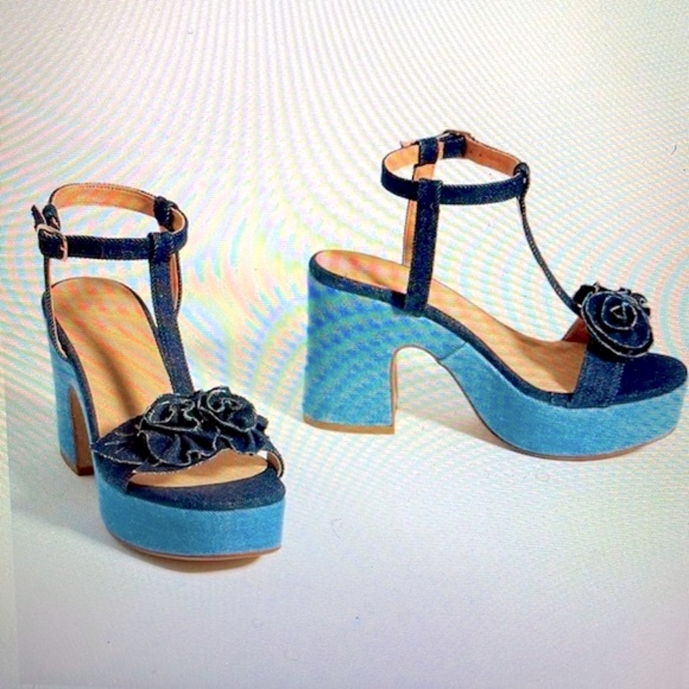 Maeve Two-Tone Denim Platform Sandals with Rosette - Picture 5 of 16